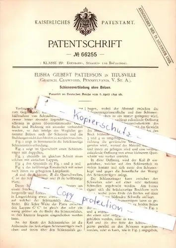 Original Patent  - Elisha Gilbert Patterson in Titusville , 1892 , Schienenverbindung ohne Bolzen !!!