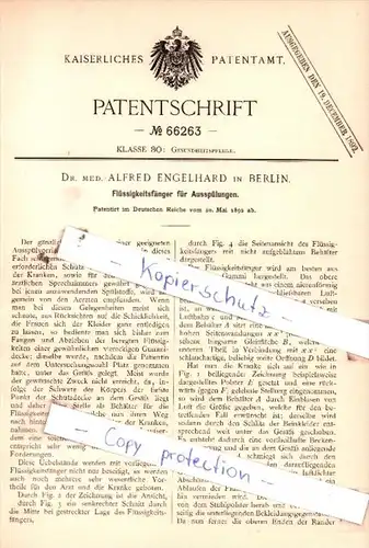 Original Patent  - Dr. med. A. Engelhard in Berlin , 1892 , Flüssigkeitsfänger für Ausspülungen !!!