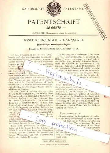 Original Patent  - Josef Klunzinger in Cannstatt , 1891 , Selbstthätiger Kesselspeise-Regeler !!!