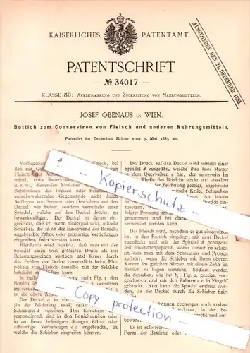 Original Patent  - Josef Obenaus in Wien , 1885 , Aufbereitung und Zubereitung von Lebensmitteln !!!