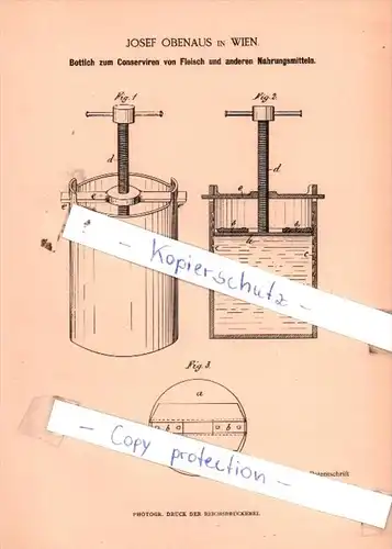 Original Patent  - Josef Obenaus in Wien , 1885 , Aufbereitung und Zubereitung von Lebensmitteln !!!