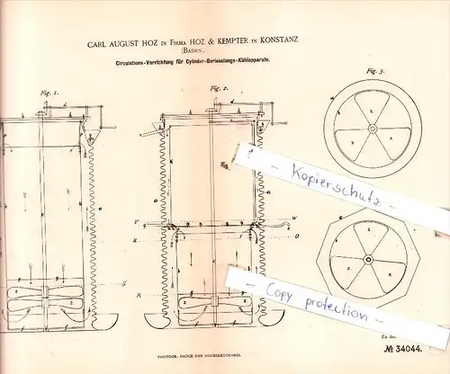 Original Patent  - Carl August Hoz in Firma Hoz & Kempter in Konstanz , Baden , 1885 , !!!