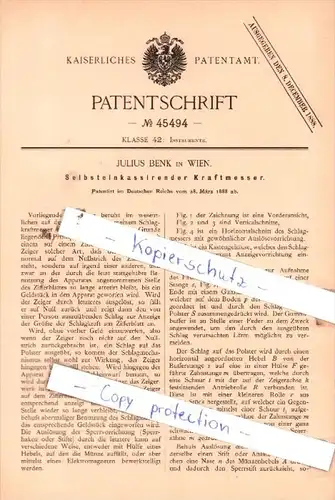 Original Patent  - Julius Benk in Wien , 1888 , Selbsteinkassirender Kraftmesser !!!