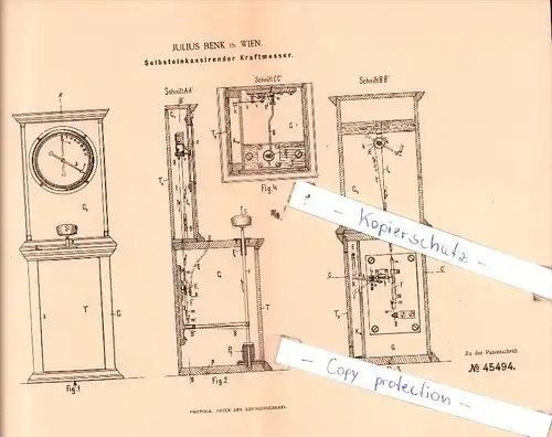 Original Patent  - Julius Benk in Wien , 1888 , Selbsteinkassirender Kraftmesser !!!