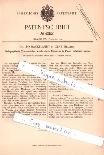 Original Patent  - Dr. Leo Backelandt in Gent , Belgien , 1887 , Photographie !!!