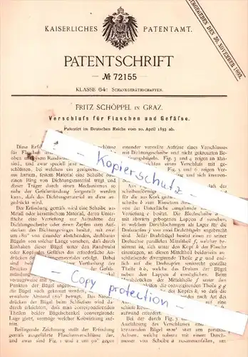 Original Patent  - Fritz Schöppel in Graz , 1893 , Verschluß für Flaschen und Gefäße !!!