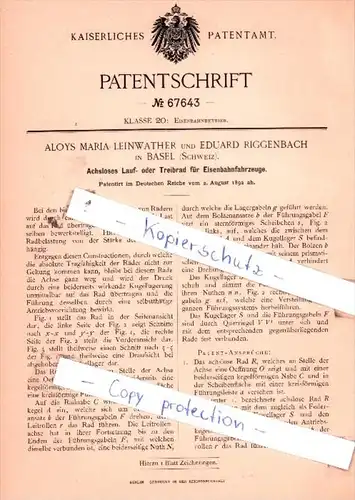 Original Patent  -  Aloys Maria Leinwather und Eduard Riggenbach in Basel , Schweiz , 1892 ,  !!!