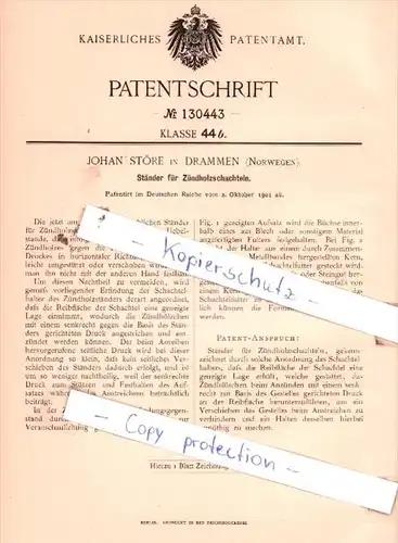 Original Patent  - Johan Störe in Drammen , Norwegen , 1901 ,  Ständer für Zündholzschachteln !!!