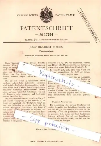 Original Patent  - Josef Reichert in Wien , 1881 , Passirmaschine !!!