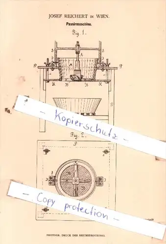 Original Patent  - Josef Reichert in Wien , 1881 , Passirmaschine !!!