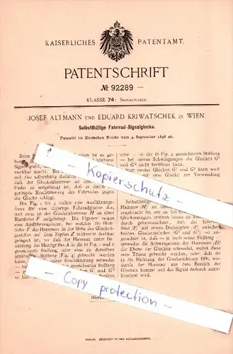 Original Patent  - J. Altmann und E. Kriwatschek in Wien , 1896 , Fahrrad-Signalglocke !!!