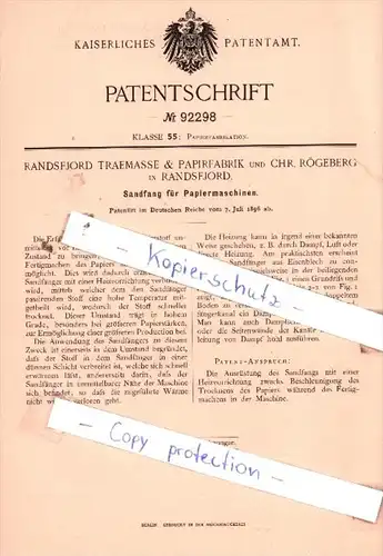 Original Patent  - Randsfjord Traemasse & Papirfabrik und Chr. Rögeberg in Randsfjord  , 1896 , !!!