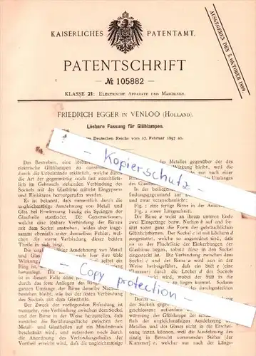 Original Patent  - Friedrich Egger in Venloo , Holland , 1897 , Lösbare Fassung für Glühlampen !!!