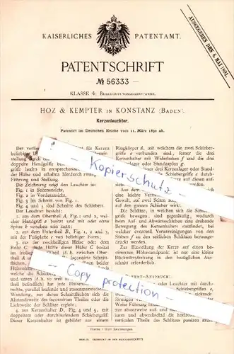 Original Patent  - Hoz &  Kempter in Konstanz , Baden , 1890 , Kerzenleuchter !!!