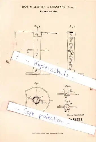 Original Patent  - Hoz &  Kempter in Konstanz , Baden , 1890 , Kerzenleuchter !!!