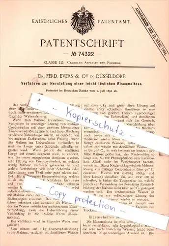 Original Patent  - Dr. Ferd. Evers & Cie in Düsseldorf , 1892 , Chemische Apparate und Processe !!!
