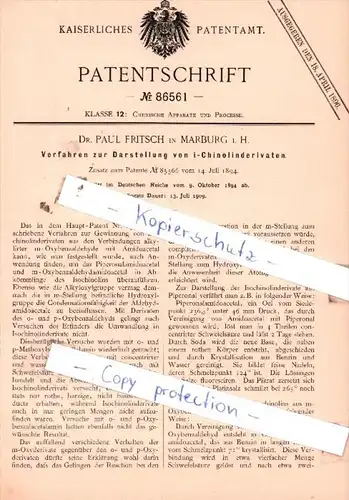 Original Patent  - Dr. Paul Fritsch in Marburg i. H. , 1894 , Darstellung von i-Chinolindervaten !!!