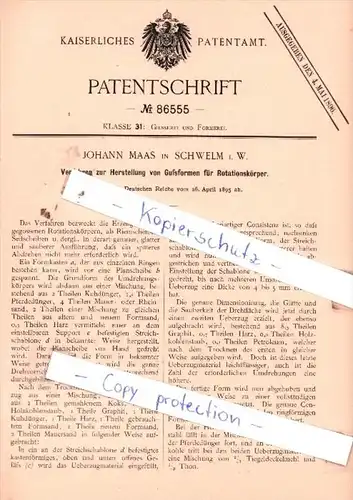 Original Patent  - Johann Maas in Schwelm i. W. , 1895 , Giesserei und Formerei !!!