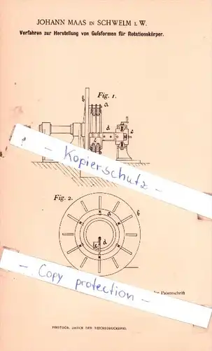Original Patent  - Johann Maas in Schwelm i. W. , 1895 , Giesserei und Formerei !!!