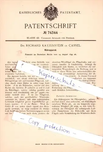 Original Patent  - Dr. Richard Katzenstein in Cassel , 1893 , Rührapparat !!!