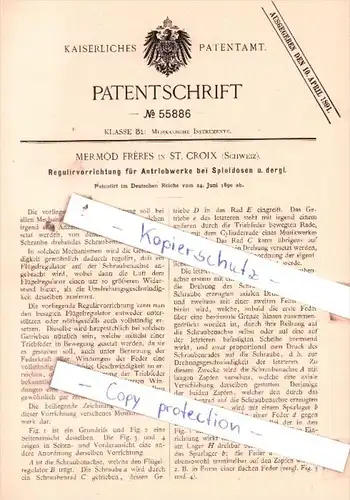 Original Patent  - Mermod Frères in St. Croix , Schweiz , 1890 , Musikalische Instrumente !!!