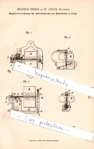 Original Patent  - Mermod Frères in St. Croix , Schweiz , 1890 , Musikalische Instrumente !!!