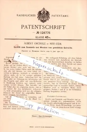 Original Patent  - Albert Oechsle in Neu-Ulm , 1900 , Wenden von gemähtem Getreide !!!