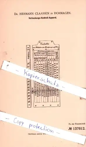 Original Patent  - Dr. Hermann Claassen in Dormagen , 1902 , Verkochungs-Kontroll-Apparat !!!