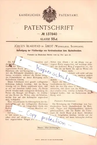 Original Patent  - Jörgen Blakstad in Amot , Wermeland, Schweden , 1902 , Vordruckwalzen !!!