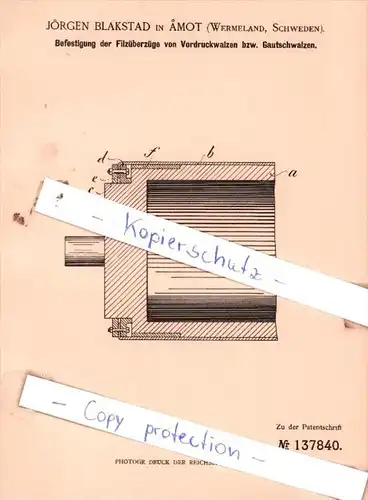 Original Patent  - Jörgen Blakstad in Amot , Wermeland, Schweden , 1902 , Vordruckwalzen !!!