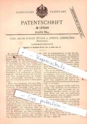 Original Patent  - C. J. R. Müller in Avesta, Gaddegard , Schweden , 1902 , Lokomotivkessel !!!