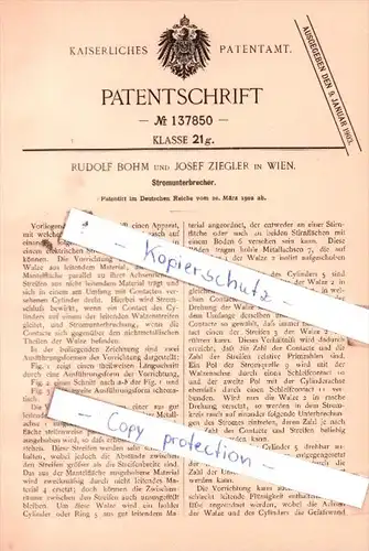 Original Patent  - Rudolf Bohm und Josef Ziegler in Wien , 1902 , Stromunterbrecher !!!