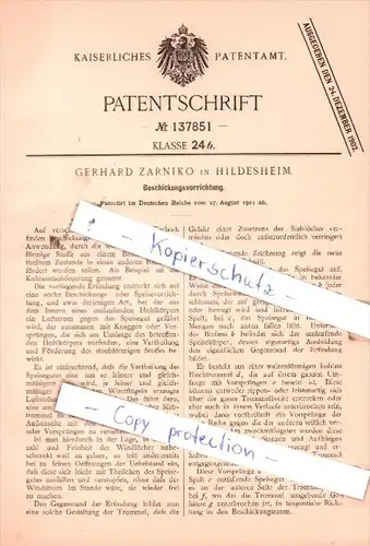 Original Patent  - Gerhard Zarniko in Hildesheim , 1901 , Beschickungsvorrichtung !!!