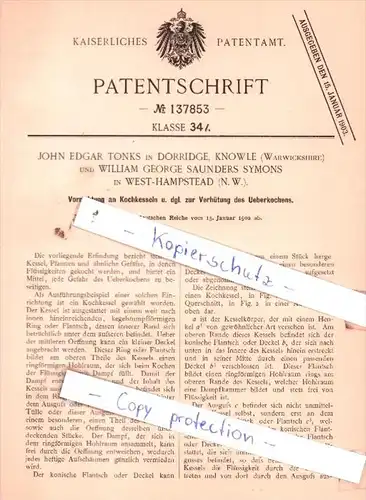Original Patent  - J. E. Tonks in Dorridge, Knowle und W. G. S. Symons in West-Hampstead , 1902 ,  !!!