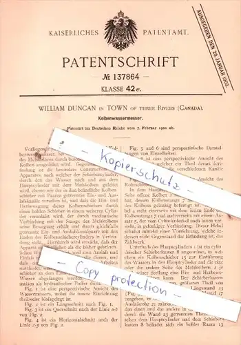 Original Patent  - Wiliam Duncan in Town of three River , Canada , 1900 , Kolbenwassermesser !!!