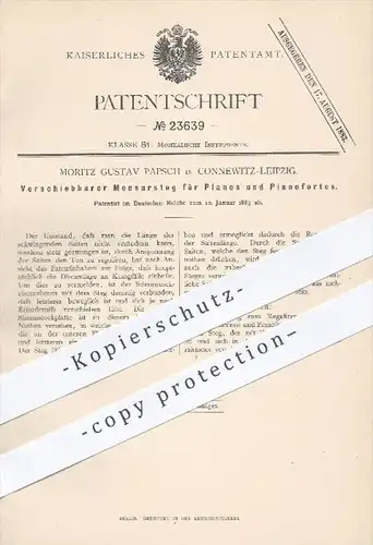 original Patent - M. G. Papsch , Connewitz / Leipzig  1883 , Verschiebbarer Mensursteg für Piano , Pianoforte , Klavier