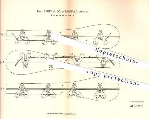 original Patent - J. Gley & Co.  Bernburg 1885 , Korsettverschluss , Korsett , Damenmode , Mode , Schneider , Bekleidung