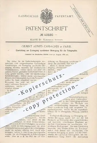 original Patent - Gilbert A. Cassagnes , Paris , 1887 , Erzeugung synchroner Bewegung für die Telegraphie , Telegrafie !