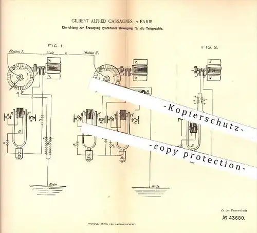 original Patent - Gilbert A. Cassagnes , Paris , 1887 , Erzeugung synchroner Bewegung für die Telegraphie , Telegrafie !