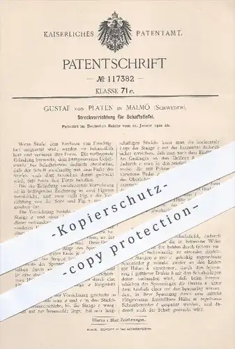 original Patent - Gustaf von Platen in Malmö , Schweden , 1900 , Streckvorrichtung für Schaftstiefel , Stiefel , Schuhe