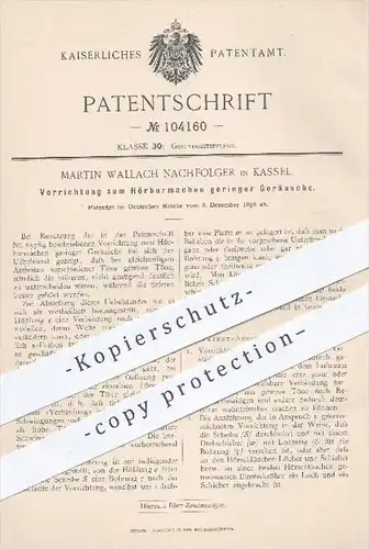 original Patent - Martin Wallach Nachfolger , Kassel , 1896 , Hörbarmachen geringer Geräusche , Ohren , Gehör , Hörgerät