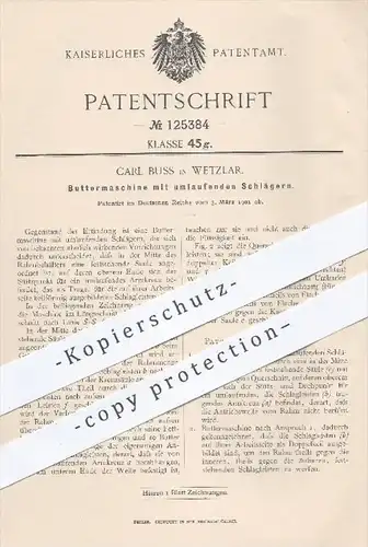 original Patent - Carl Buss in Wetzlar , 1901 , Buttermaschine mit laufenden Schlägern , Butter , Rahm , Milch !!!