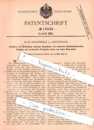Original Patent  -  Dr. W. Spaltenholz in Amsterdam , 1905 , Herstellung wäßriger Emulsionen !!!