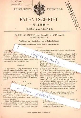 Original Patent  - Dr. Franz Knoop und Dr. Adolf Windaus in Freiburg i. B. , 1905 ,  !!!