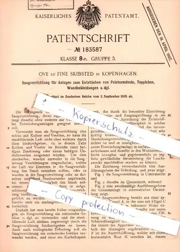 Original Patent  - Ove de Fine Skibsted in Kopenhagen , 1905 , Entstäuben von Polstermöbeln !!!