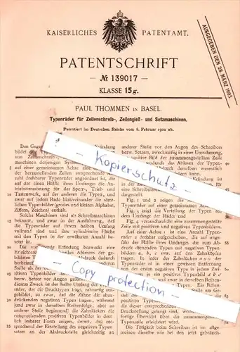 Original Patent  - P. Thommen in Basel , 1902 ,  Zellenschreib-, Zellengieß- und Setzmaschinen !!!