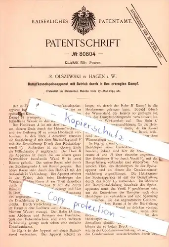Original Patent  - R. Olszewski in Hagen i. W. , 1894 , Dampfkesselspeiseapparat !!!
