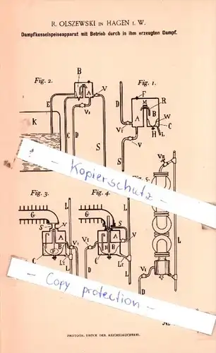 Original Patent  - R. Olszewski in Hagen i. W. , 1894 , Dampfkesselspeiseapparat !!!