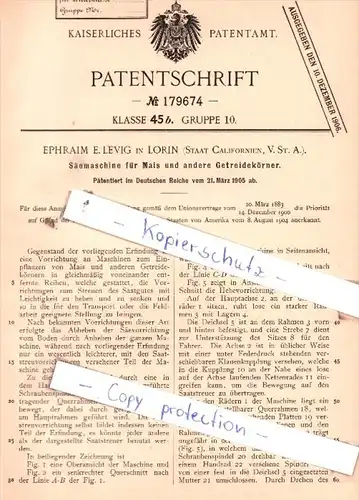 Original Patent  - Ephraim E. Levig in Lorin , Staat Californien , 1905 , Säemaschine für Mais !!!