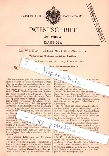 Original Patent  - Dr. Wilhelm Holtschmidt in Bonn a. Rh. , 1900 , Gewinnung entfärbten Eiweißes !!!